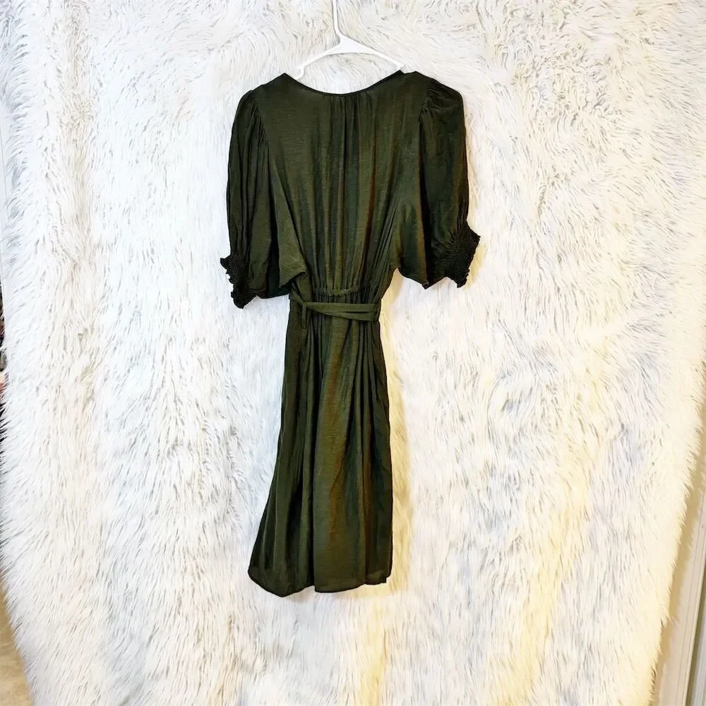 Anthropologie Nicole Puff Sleeve Shirtdress XS Olive Green Knee Length